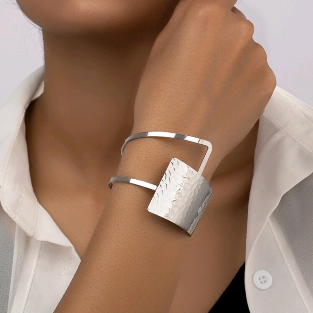 Silver Metal Hammered Bangle Bracelet